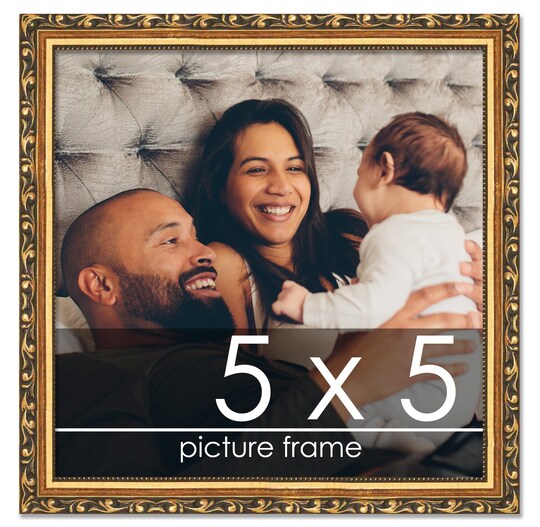 CustomPictureFrames.com; 5x5 Solid Wood Antique Picture Frame with UV-Resistant Acrylic & Acid-Free Backing, Available in 4 Finishes: Bronze, Gold, Silver, and Gold with Black; Category:Single Opening; Image:1